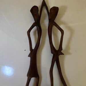 Source Unknown Hand-Carved Brown Wooden Couple Wall Sculpture
